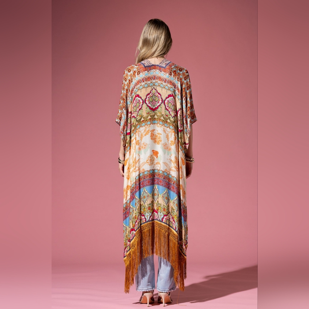 Detailed Floral & Demask Print Kimono on Jacquard Fabric w Golden Fringe Tassels - Picture 8 of 9